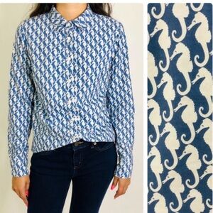 J. Crew Factory Women’s Blue/White Seahorse Button Up Longsleeve Top M NWOT